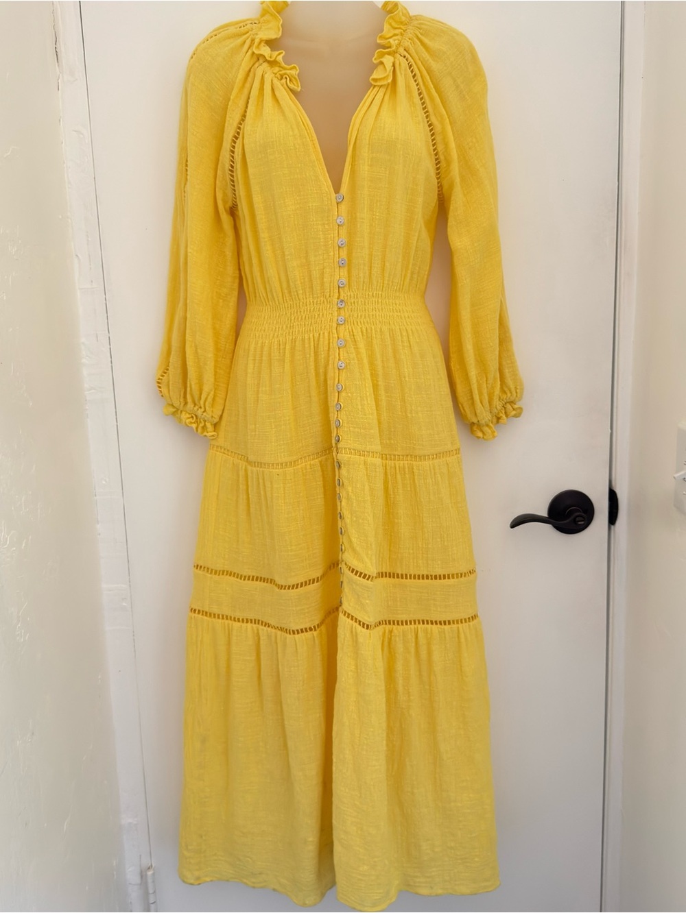 Yellow Long Sleeve Button-Front Maxi Dress